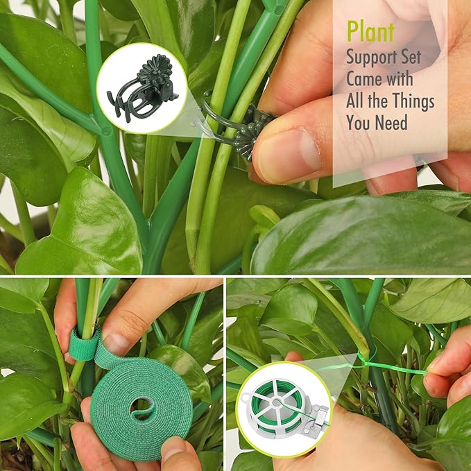 10 Pack Plant Support Stakes for Indoor Plants, 27.56 Inch Twig Plant Sticks with Orchid Clips Twist Ties and Plant Ties for House Potted Plants and Flower, Plastic Branches Support Structures, Green