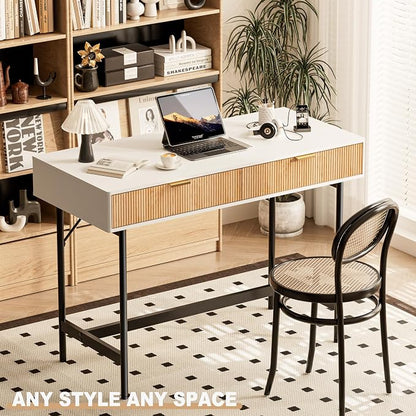 INNOD 45 Inch White Desk with Drawers, Small Writing Desks for Bedroom, Fluted Cute Desk with Storage for Vanity, Wood Computer Table for Living Room Small Spaces Home Office Study