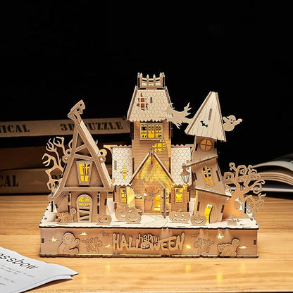 3D Wooden Puzzles Halloween House Kits Includes Light Strip, Brainteaser and Puzzle for Halloween/Birthday,Gifts for Adults and Teens to Build Combination