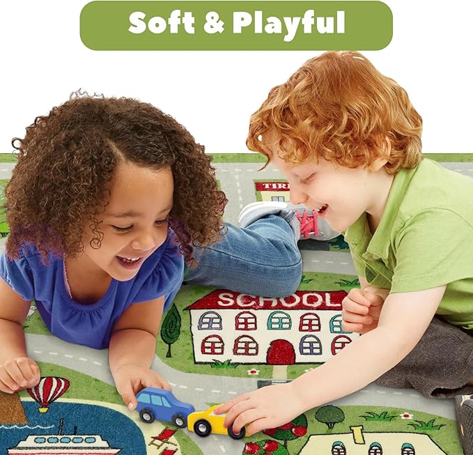 LIVEBOX Green Kids Rug for Kids Room, 3'x5' Washable Road Rug for Playroom, Non-Slip Soft Toy Car Rug for Baby Nursery, Small City Traffic Playmat for Boys Girls Dorm Bedroom Tent