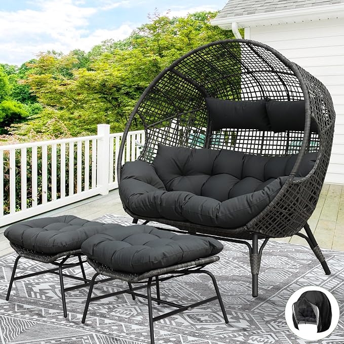 NICESOUL Indoor Outdoor Double Egg Chair with Footrest Padded Cushion, Oversized Wicker Twin Egg Shaped Chair Wide Seater with Ottoman, 2 People Loveseat Gray for Patio Porch Balcony