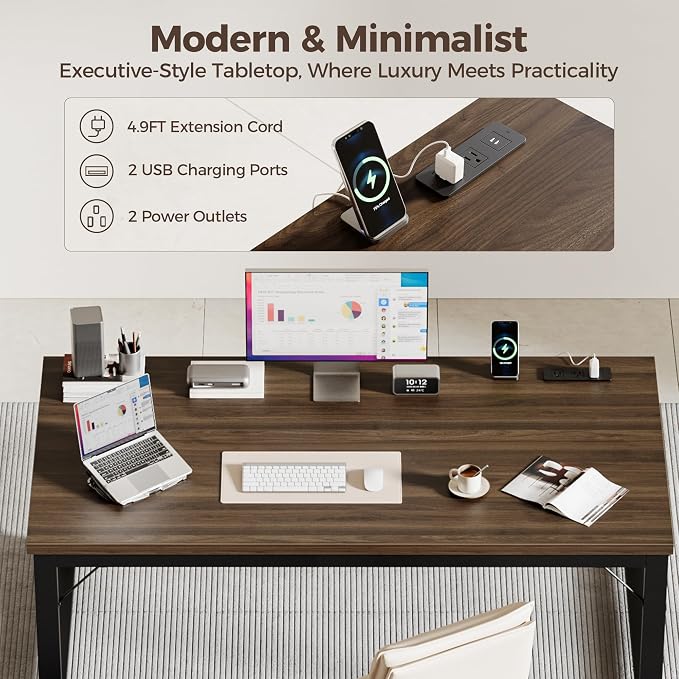 Mericonia 48 Inch Computer Desk with Power Outlets, 1.2" Thick Office Table | Modern Simple Style, Heavy Duty Industrial Frame, Small Study & Writing Table for Home Bedroom Work, Walnut
