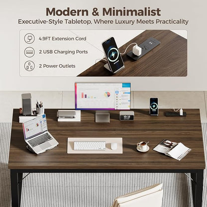 Mericonia 48 Inch Computer Desk with Power Outlets, 1.2" Thick Office Table | Modern Simple Style, Heavy Duty Industrial Frame, Small Study & Writing Table for Home Bedroom Work, Walnut