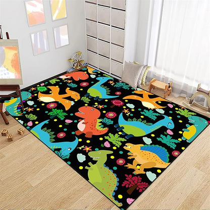 Dino Rugs for Boys Room Kids Play Rug Dinosaur Play Rug Dinosaur Carpet Dinosaur Rug Dinosaur Cartoon Carpet for Boys and Girls Bedroom Classroom,Black 4'×5'