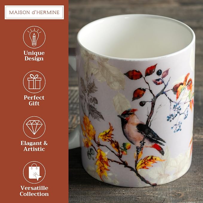Maison d' Hermine Coffee Mug with Handles Tea Cups (15 Ounce, Pack of 1) | Fine Bone China Coffee Mugs for Hot Beverages Cappuccino Latte Home Restaurant Spring Summer -Equinoxe - Grey - Sparrows