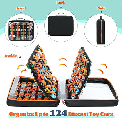 124 Slots Toy Cars Storage Case with Clear Window, Matchbox Cars Storage Holds 124 Diecast Cars, Matchbox Cars Organizer Compatible with Toy Cars, Portable Carrying Case with 5 PE Board Panels (Black)