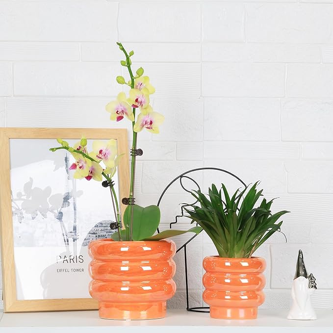 4.1 inch 4 pcs Ceramic Plant Pots for Indoor Plants, Rainbow Pearl Glaze Planter with Planters for Plants with Drainage Hole, Orchid Pots, Succulent Pot, Small Flower Pot (Orange)