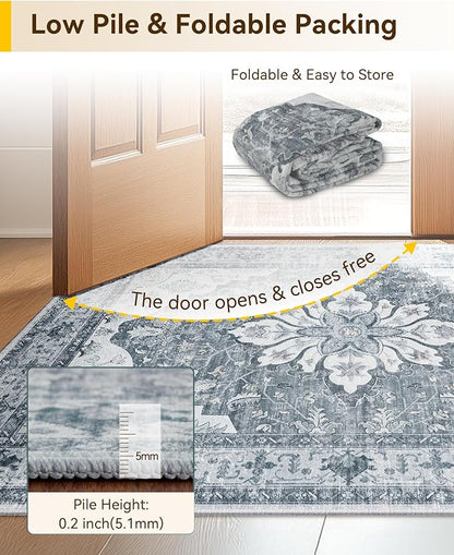 RELEANY Area Rugs Runner 2'6"x8' Washable Non-Slip, Floral Vintage Distress Medallion Carpet for Kitchen Hallway Bedroom Beside Laundry Room Bathroom, Light Gray Grey White