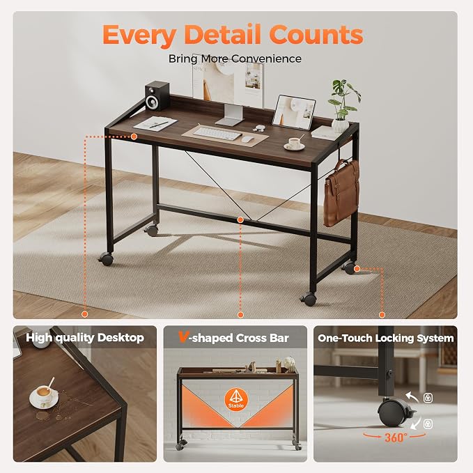 Mericonia 47x20 Inch Small Computer Desk with Wheels & Rear Lip | Simple Rolling Desk, Writing Table for Home Office Bedroom Work Study, Walnut
