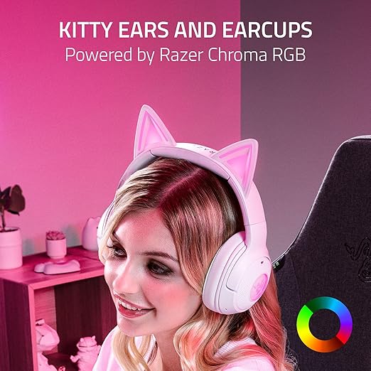 Razer Kraken Kitty V2 BT Wireless RGB Headset, White | Chroma RGB Kitty Ears & Earcups, Bluetooth 5.2, 40 mm Drivers, Noise-cancelling Mics, Lightweight, USB-C, 40 Hr Battery