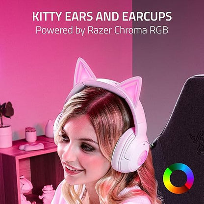 Razer Kraken Kitty V2 BT Wireless RGB Headset, White | Chroma RGB Kitty Ears & Earcups, Bluetooth 5.2, 40 mm Drivers, Noise-cancelling Mics, Lightweight, USB-C, 40 Hr Battery