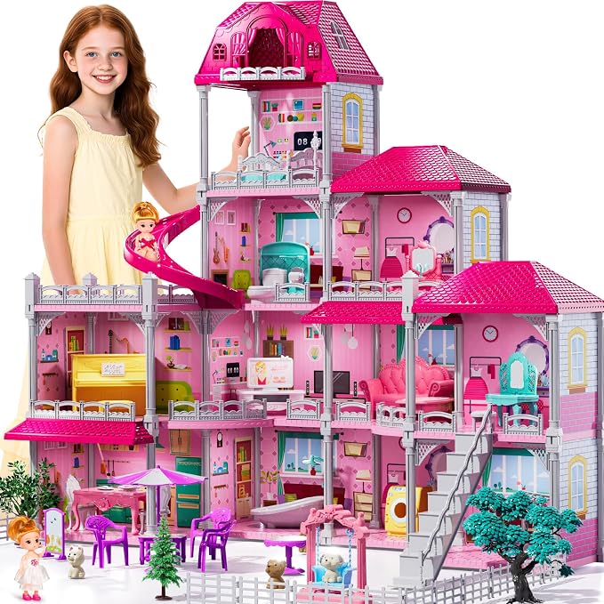 JUKUDAHU Villa Playset for Girls Ages 3-7, Indoor Playset Girls Toys for Ages 6-8 with 4 Storeys 11 Rooms 2 Dolls, Furniture and Accessories, Pretend Toddler Toy, Birthday Gifts for Kids 3 4 5 6 7 8