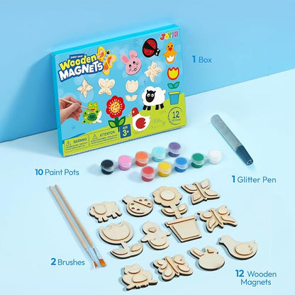 JOYIN 12 Wooden Magnet Creativity Arts & Crafts Painting Kit for Kids, Decorate Your Own Painting Gift for Halloween Crafts, Birthday Parties and Family Crafts, Party Favors for Boys Girls