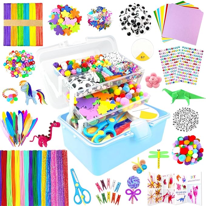 ZEIZHUBN Arts and Crafts Supplies for Kids Crafts Kit with Pipe Cleaners DIY Crafts for Kids Art School Supplies Materials All in Crafting Box Craft Supply Set Gifts for Kid Girls Boys Age 4-8, 8-12