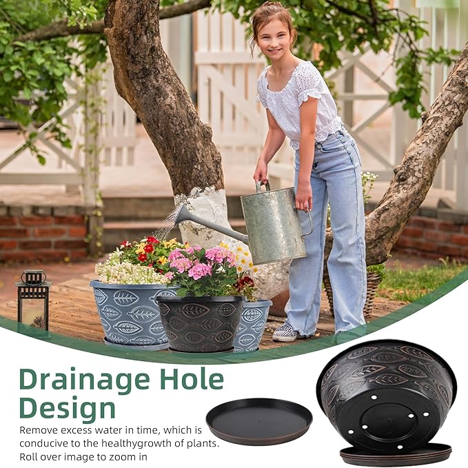 3 Pack Flower Pots Outdoor 11 Inch Plant Pots Indoor, Large-Plastic-Plant-Flower-Planters-Pots with Drainage Hole & Tray, Modern Decorative Garden Pot with Saucer(Brown)