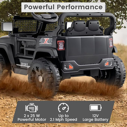 OLAKIDS 12V Ride On Truck, Battery Powered Electric Vehicle for Kids with Remote Control, Foldable Reflective Mirror, Spring Suspension, Music, LED Lights, Ride on Toy for 3+ Boys Girls (Black)