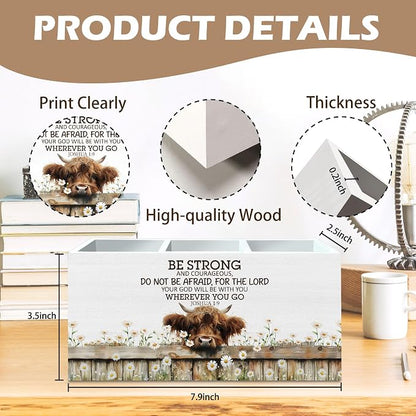 DILSJ Christian Highland Cow Pen Pencil Holder Organizer for Desk, Highland Cow Gifts for Women, Be Strong and Courageous Wooden Box Signs for Home Office Desk Decoration Office & School Supplies
