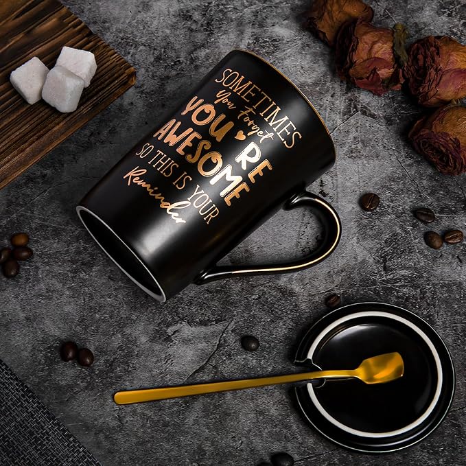 Anniversary Birthday Thank You Gifts for Men, 14oz Unique Black Ceramic Mug | Sometimes You Forget You're Awesome - Gold Print Inspirational Cup, Funny Valentines Day Presents for Boyfriend Husband Him