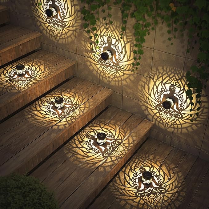 4 Pack Solar Fence Lights Metal Solar Powered Outdoor Wall Deck Step Lights Zen Theme Waterproof Fence Light for Garden Post Patio Backyard Yard Decor, Gardening Gifts for Women Mom Grandma