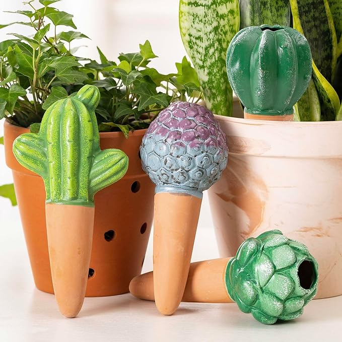 4 Pack Watering Globes - Terra Cotta Watering Spikes for Indoor Plants, Handcrafted Cactus Shape Self Watering Devices with Slow Release System, Plant Water Bulbs for Vacation & Outdoor Pots