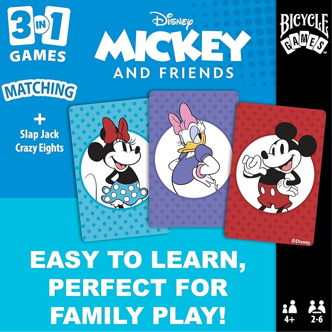 Bicycle Disney Mickey and Friends 3-in-1 Card Games, Matching, Crazy Eights & Slap Jack, Featuring Mickey Mouse, Donald Duck & Goofy, Kids Card Games Ages 4+, Family Games for 2-6 Players