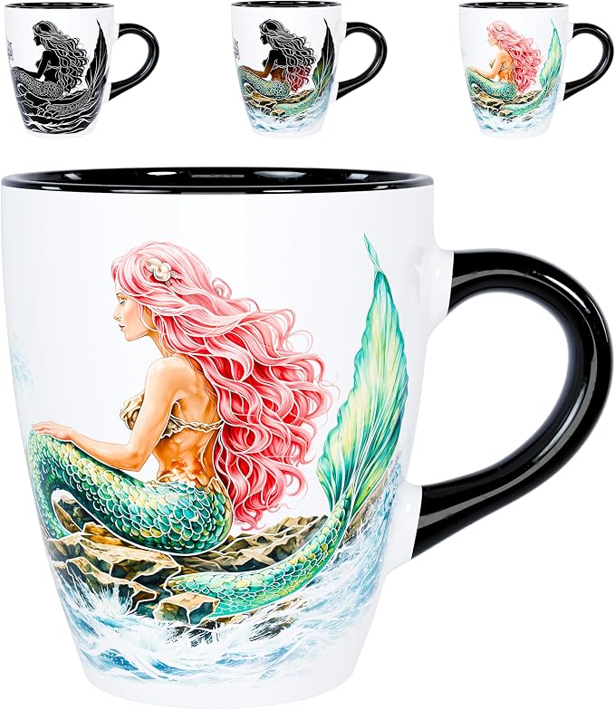 Color Changing Mermaid Coffee Mug 12oz – Heat Sensitive Ceramic Cup with Ocean Waves & Dolphin Design, Coastal Beach Theme Mug, Unique Christmas Holiday Birthday Gift for Mermaid Lovers, Men & Women