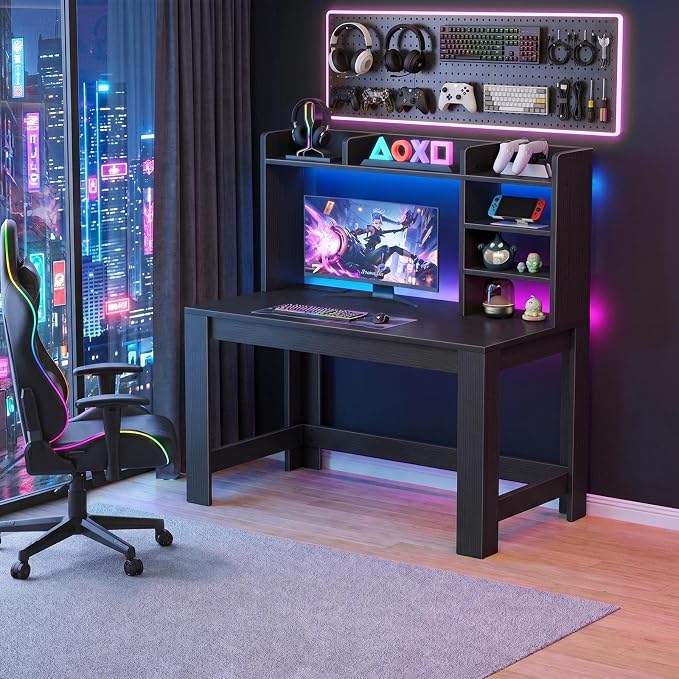 WINAZ 43" Black Gaming Desk with Hutch and Built-in Power Outlet | Modern Computer Desk with 3-Tier Storage Shelves and Hutch, Space-Saving Writing Table for Home Office