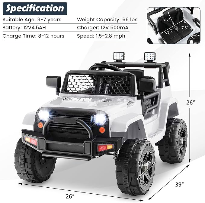 Costzon Ride on Car, 12V Battery Powered Truck Vehicle with Remote Control, Spring Suspension, Headlights, Music, Horn, MP3, USB & Aux Port, Gift for Boys Girls, Electric Car for Kids (White)