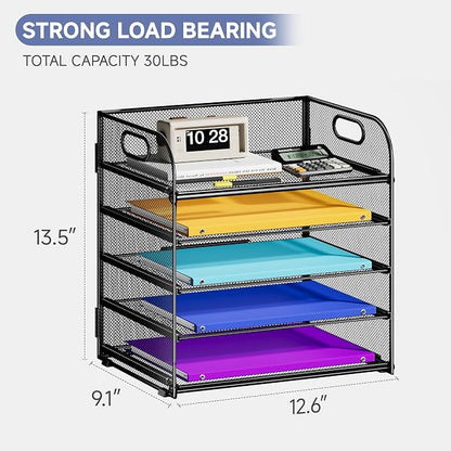 Cawukege 5 Tier Paper Organizer with Handle, Black Metal Mesh Desk Organizer File Folder Paper Letter Tray Desktop Document Sorter for Classroom, School, Office Accessories Organization and Storage