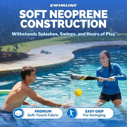 SWIMLINE Neoprene Pool & Beach Accessory for Active Group Play, Backyard Games, and Water Sports – Waterproof Soft Baseball & Bat Set, Black & Yellow