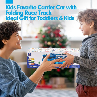 hahaland Toys for 3 Year Old Boy Gift - 2 in 1 Car Carrier Transforms into Race Tracks Toys with Dual Launcher Truck for Kids Ages 3-5 - Car Sets for Boys 3 Year Old Boy Gifts