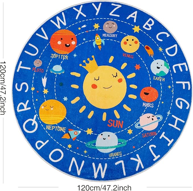 Round ABC Kids Rug,4 Ft Soft Circle Alphabet Playroom Rug,Washable Non-Slip Solar System Kids Play Rug,Space Educational Rug Kids Carpet for Classroom Playroom Bedroom Kids Room Decor