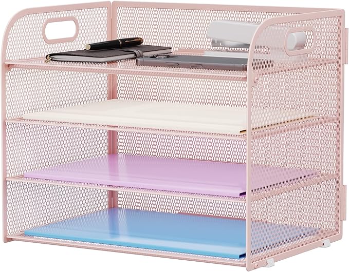 Marbrasse 4 Tier Paper Organizer Letter Tray - Mesh Desk File Organizer with Handle, Paper Sorter Organizer for Letter/A4 Office File Folder Holder (Pink, 12.6" x 9.1" x 10.7")