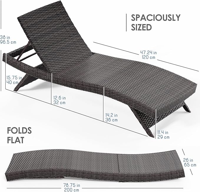 Nestl Chaise Lounge Chair Outdoor Set of 2, Wicker Patio Lounge Chair, Outdoor Lounge Chair with Reclining Backrest