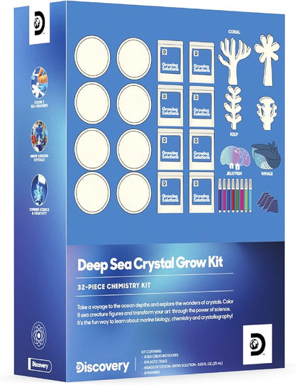 Discovery™ Deep Sea Crystal Grow Kit – 32-Piece STEM Chemistry Lab for Kids| Grow Colorful Crystals on 8 Sea Creatures| Educational Craft Kit with Art Supplies| DIY Science Activity Set Gift| Ages 8+