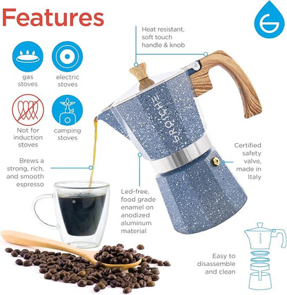 GROSCHE Milano Moka pot, Stovetop Espresso maker, Greca Coffee Maker, Stovetop coffee maker and espresso maker percolator (Indigo, 9 cup) | Cuban Coffee Maker And Italian Moka Pot For Stovetop Espresso; For Gas, Electric, And Propane Stoves With A Soft...