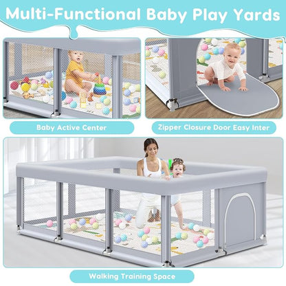 Fshibila 74" ×50" Large Baby Playpen, Baby Playard for Babies and Toddlers, PlayPen for Indoor & Outdoor, Sturdy Safety Play Yard with Soft Breathable Mesh, Ball x 18, Handle x 2, Mat x 1, Grey