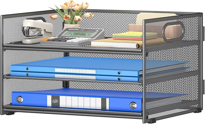 Subekyu 3 Tier Paper Letter Tray Organizer for Desk, Gray Metal Mesh Desk File Folder Sorter Organizer with Handle and Sliding Tray for Home, Office, School Supplies Organization Storage
