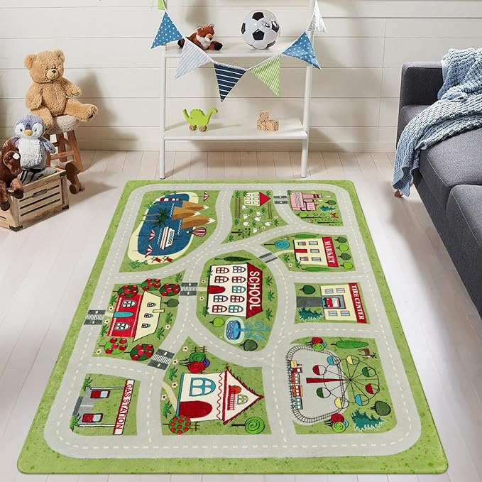 LIVEBOX Green Kids Rug for Kids Room, 3'x5' Washable Road Rug for Playroom, Non-Slip Soft Toy Car Rug for Baby Nursery, Small City Traffic Playmat for Boys Girls Dorm Bedroom Tent