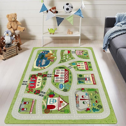 LIVEBOX Green Kids Rug for Kids Room, 3'x5' Washable Road Rug for Playroom, Non-Slip Soft Toy Car Rug for Baby Nursery, Small City Traffic Playmat for Boys Girls Dorm Bedroom Tent