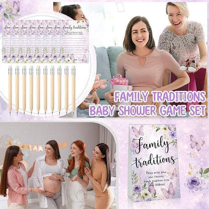 Fumete 61 Pieces Family Tradition Baby Shower Games Include 1 Family Traditions Standing Sign and 50 Activities Cards with 10 Pencils for Gender Reveal Bridal Shower Wedding(Purple,Butterfly)