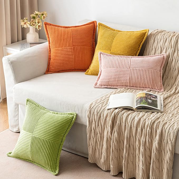 MIULEE Spring Decorative Throw Pillow Covers for Couch Bed Livingroom 18x18 Inch Set of 2 Green Boho Accent Throw Pllows Broadside Striped Patchwork Soft Corduroy Summer Pillowcases