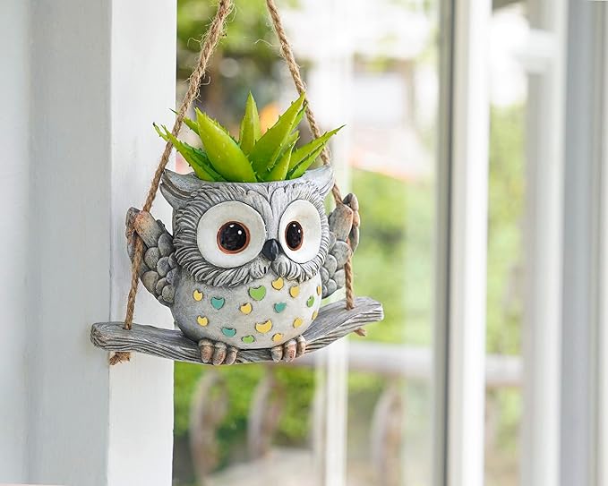 Swing Owl Hanging Planters for Indoor Plants, Cute Small Succulent Pots with Drainage Hole, Unique Resin Plant Hangers Outdoor, Hanging Plant Holder for String Of Pearls, Gift Ideas for Mother