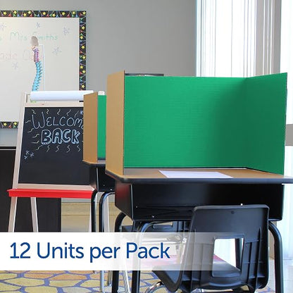 Flipside Products 18”x 48” Green Study Carrel, Privacy Boards, Student Privacy and Focus Booth for The Classroom, Desk Divider Cubby for Tests, Made in USA - 12 Pack