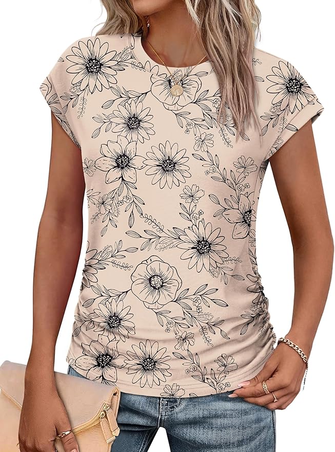 Sampeel Womens Summer Tops Trendy 2026 Ruched Cap Short Sleeve Tshirts Shirts Crew Neck T Shirts Fashion