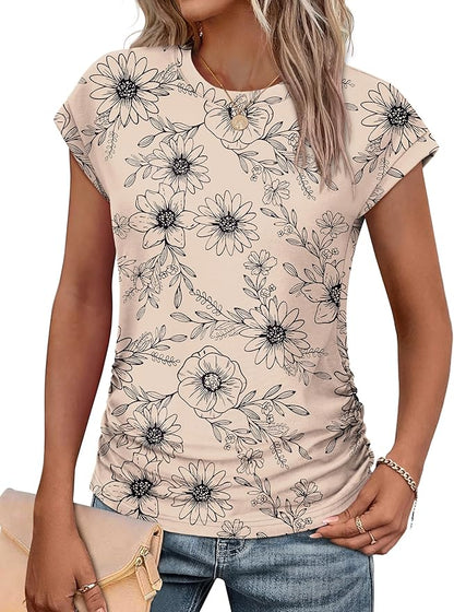 Sampeel Womens Summer Tops Trendy 2026 Ruched Cap Short Sleeve Tshirts Shirts Crew Neck T Shirts Fashion