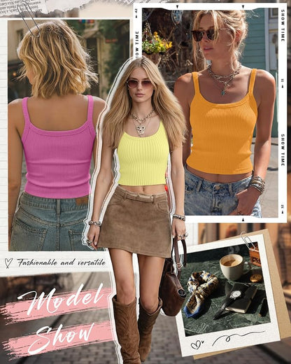 Ficerd 3 Pack Women's Tank Tops 95% Cotton Spaghetti Strap Ribbed Crop Camisole Slim Fitted Basic Summer Sleeveless Layer