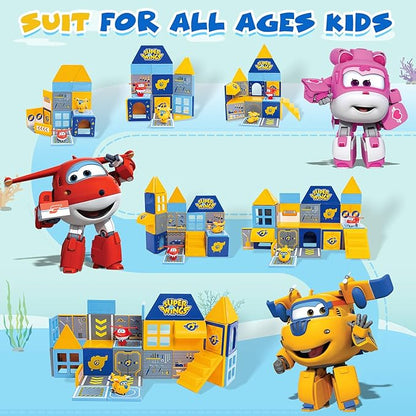 Magnetic Tiles for Kids Ages 3-8, 2-in-1 Travel Magnetic Building Blocks with Jett & Donnie Transforming Toys, STEM Educational Construction Set, Creative Learning Magnet Tiles Toy for Boys Girls