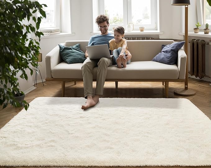 Softlife Rug for Living Room 6x9 Feet Area Rug for Bedroom Super Soft Shaggy Rugs for Kids Room Fluffy Fuzzy Carpets Long Plush Bedside Rug Nursery Christmas Home Decor for Boys Girls, Creamy White