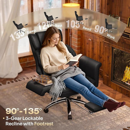Ergonomic Office Chair with Footrest, Criss Cross Legged Desk Chair with Flip-Up Arms, Wider Thicker Spring Seat, Lumbar Pillow, Pet-Friendly, 500LBS Big and Tall Heavy-Duty Executive Leather Chair